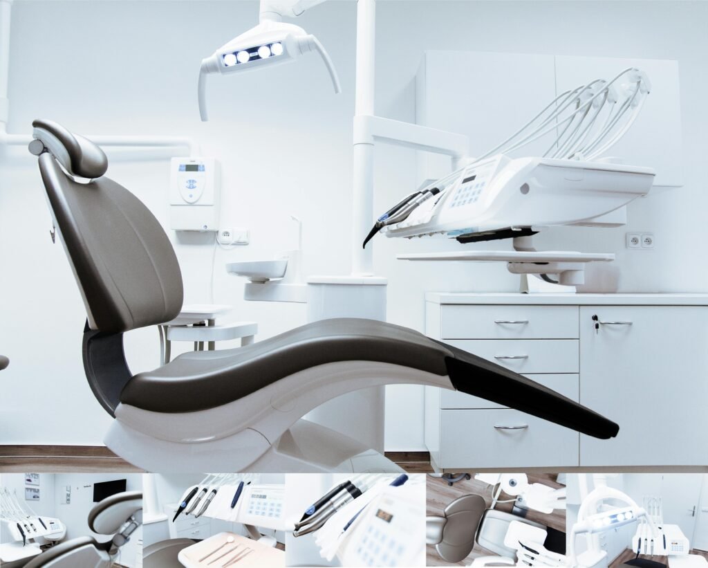 Services A modern dental clinic interior showcasing a dental chair and equipment in a clean, clinical setting.